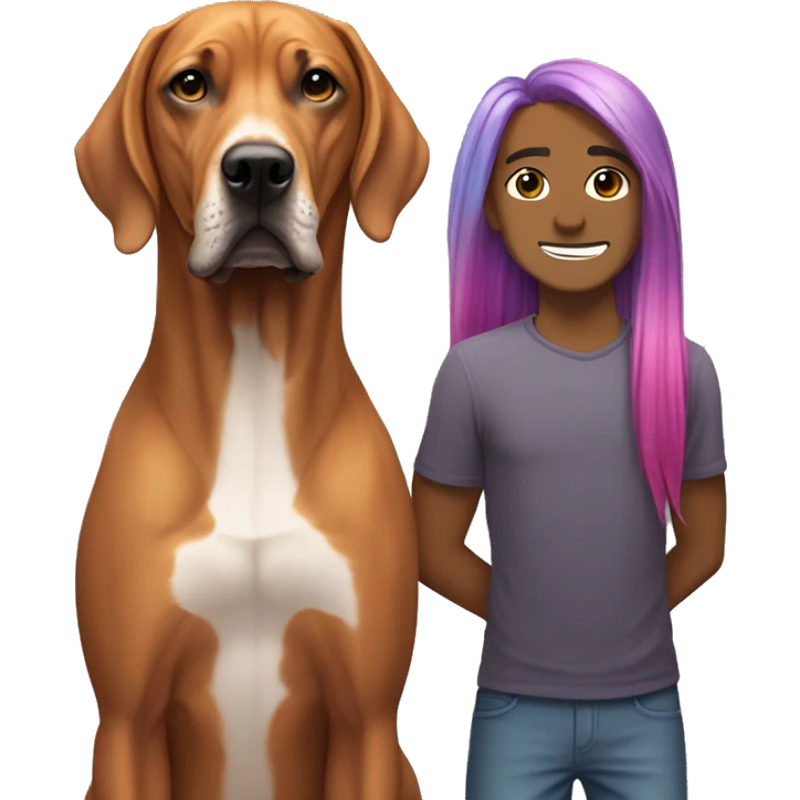 white male with long rainbow colored hair standing alongside a brown rhodesian ridgeback emoji