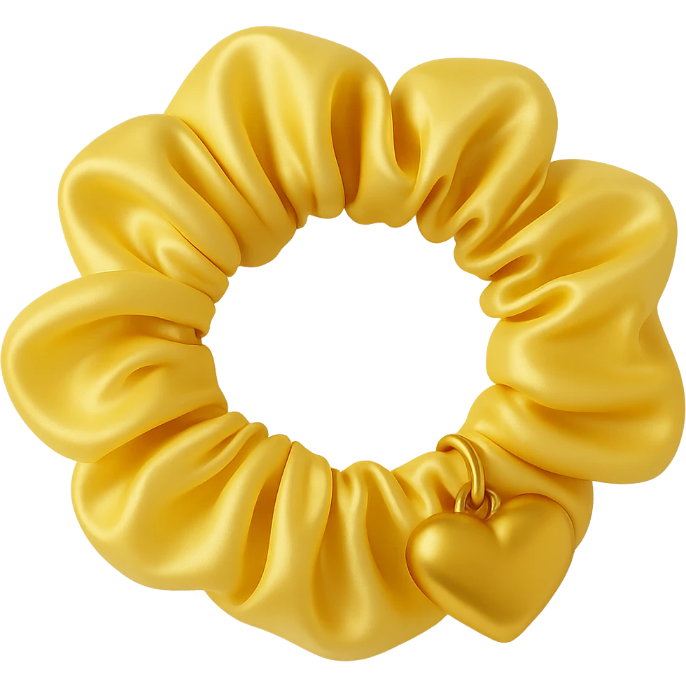 Add a small gold heart charm to the pastel yellow silky scrunchie, keep the 3D emoji style and shimmer effect. The style is 3D emoji with a shiny, smooth, and realistic look. Remove the background. emoji