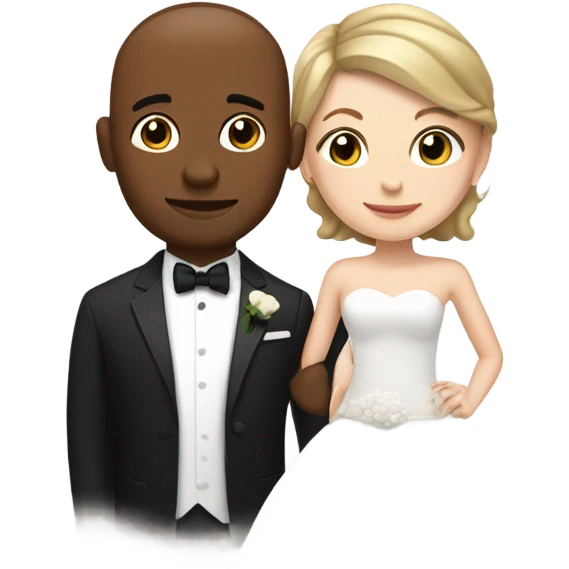 a white girl in a wedding dress with short hair and a brown guy in a tux with a buzz cut  emoji
