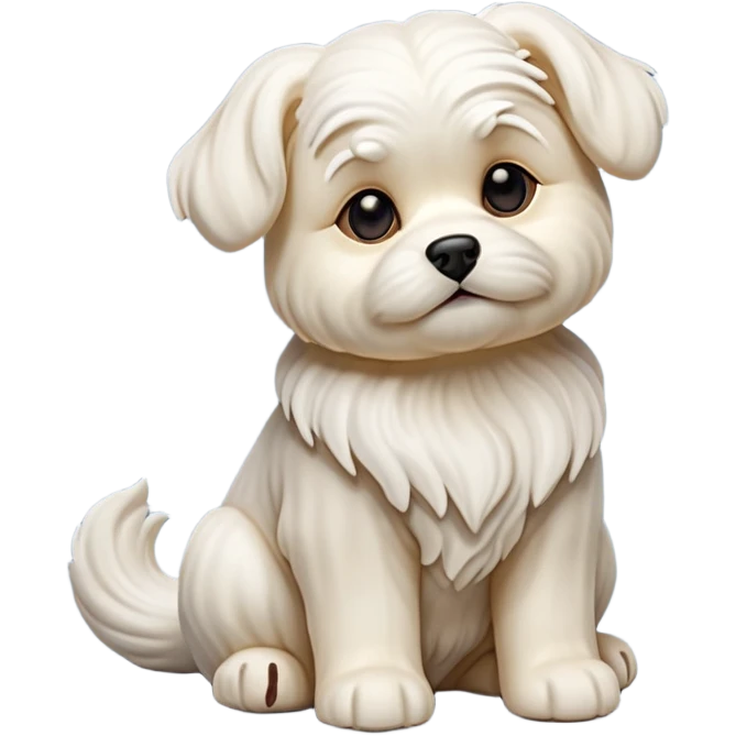 detailed-[Maltese dog]-realistic-full-body-sitting-emoji,-tail-resting-loosely-beside-its-paws,-head-tilted-dramatically, -wavy-[cream white]-fur,-simplified-yet-realistic-focused-features,-highly-detailed,-glowing-with-an-almost-sarcastic-glow emoji