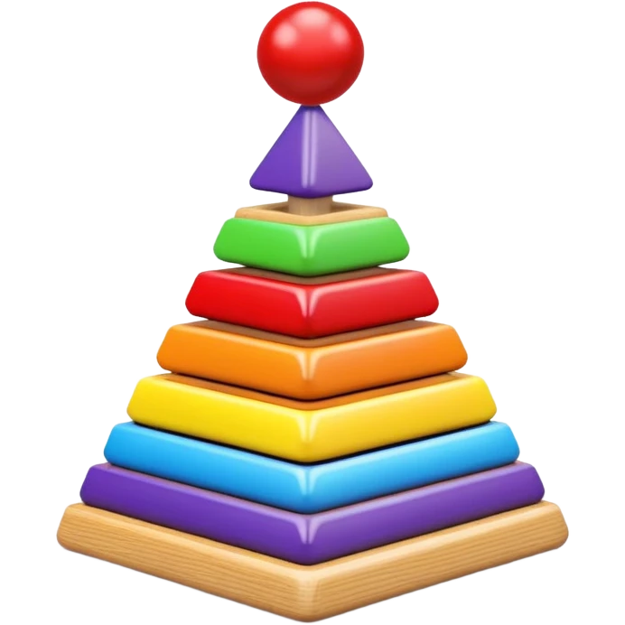 Children's stacking pyramid toy with rings in rainbow order: red, orange, yellow, green, light blue, dark blue, and purple rings emoji