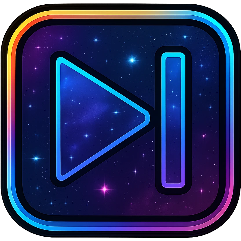 next song icon with dark purples, blues, black base, neon glowing border, nebula gradients, small bright stars, subtle glow, specular highlights, luminous effect, accent colors cyan, pink, yellow, green, orange, consistent with media controls set emoji