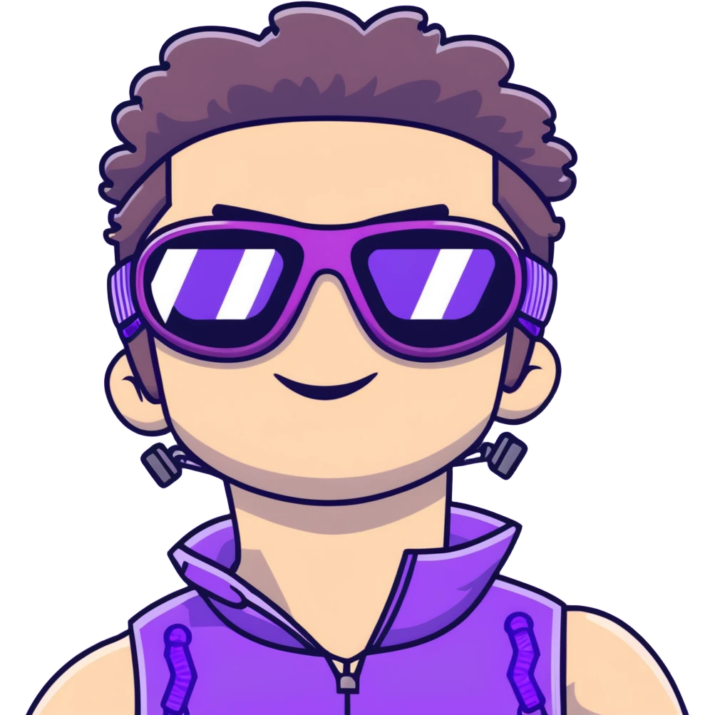 close-up of cool guy male athlete with white skin and moderately curly dark brown hair on top with shaved sides, wearing ski goggles with purple frames and very dark black lenses, winking behind the goggles, with an open mouth confident smile like a cool guy, a simple plain black chain necklace, and a completely unzipped sleeveless vest with purple and black sequin fire pattern design with no logo emoji