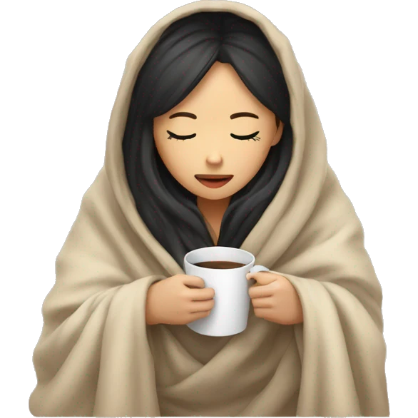 asian girl inside a blanket sipping coffee eyes closed emoji