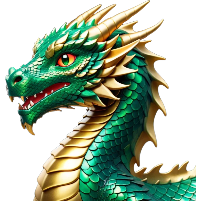 Cinematic Noble Dragon Portrait Emoji, Poised and majestic, with a sinuous, elongated body covered in intricately detailed, shimmering scales in hues of emerald and gold, and piercing, fiery eyes that reflect ancient wisdom; rendered with lifelike texture and natural highlights, high shine, intelligent and formidable, styled with an aura of mythic power, focused and attentive, soft glowing outline, capturing the essence of a legendary dragon that appears ready to soar out of the screen with timeless authority! emoji
