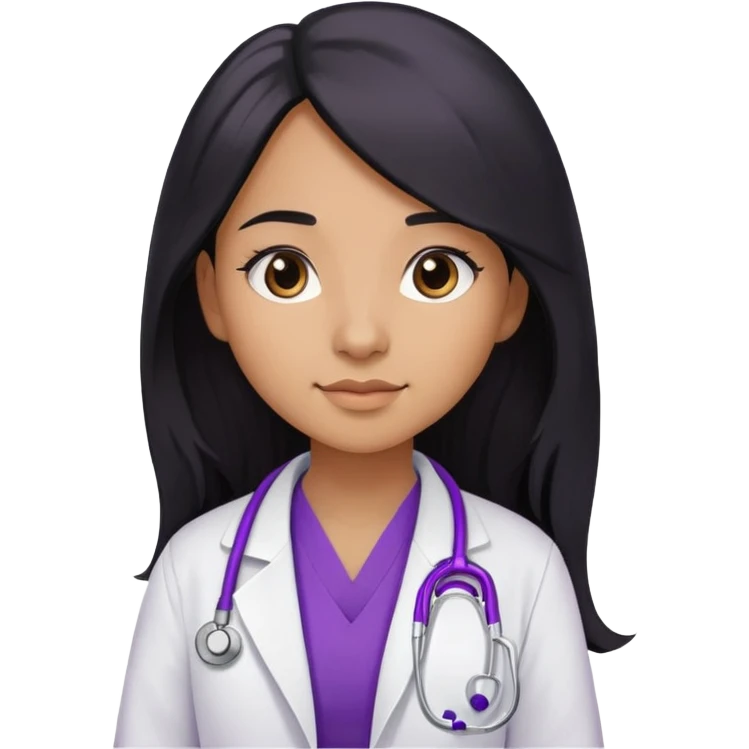 Light browned skin girl with long black hair and wearing a doctors coat with a purple stethoscope around her neck emoji