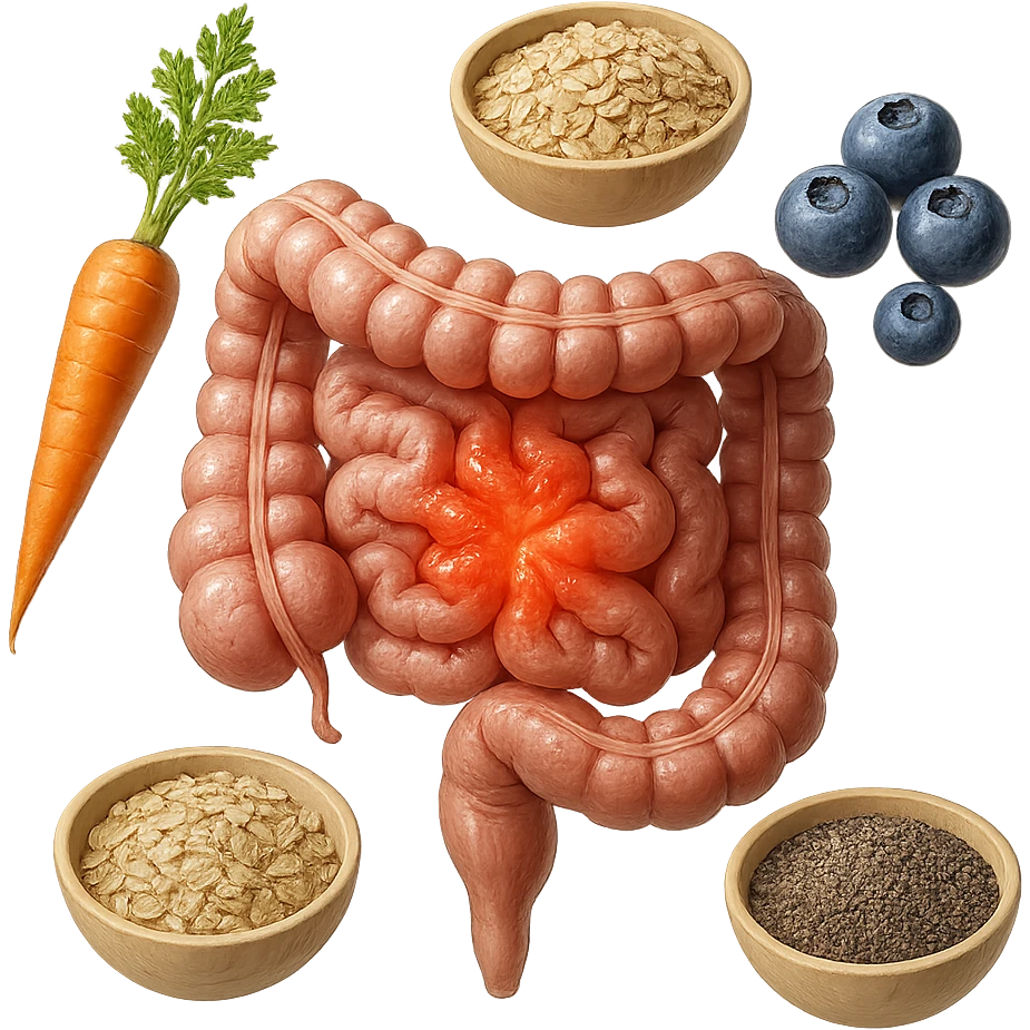 intestino umano anatomico infiammato al centro con carota, bowl di avena, mirtilli, bowl di semi di chia che gli fluttuano intorno , iperrealistico 4k emoji