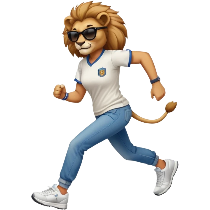 confident female lion jogging upright wearing baseball shirt, jeans, trainers, dark sunglasses, friendly expression emoji