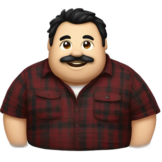 Fat man wearing a darkred and black plaid flannel shirt profile picture, happy, black hair emoji
