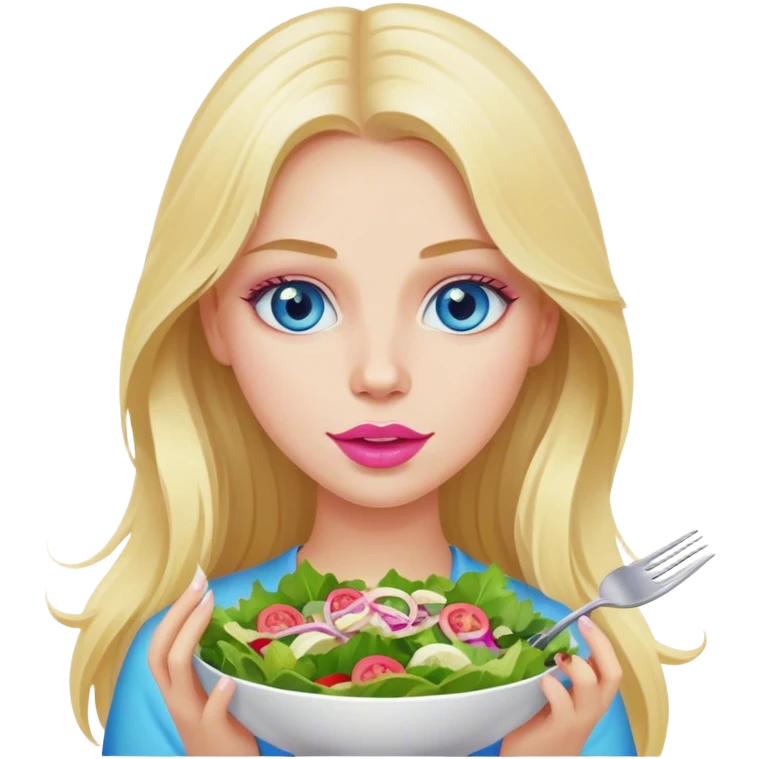 Cinematic realistic blonde with long hair, blue eyes and pink lips eats salad emoji