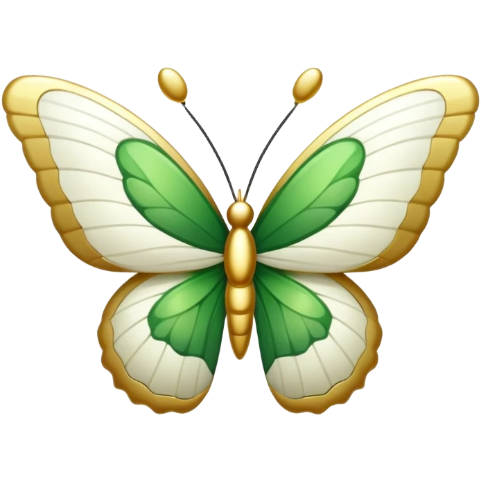 Create a golden-white-green colored butterfly with spreading wings where the wings have a reversed each-other facing R-letter shape emoji