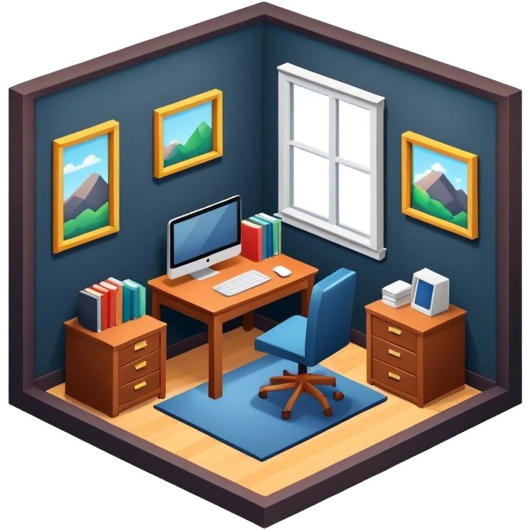 An isometric 3D room with two walls that meet at the back left and right and a Window. Dark Colors. Home Office emoji