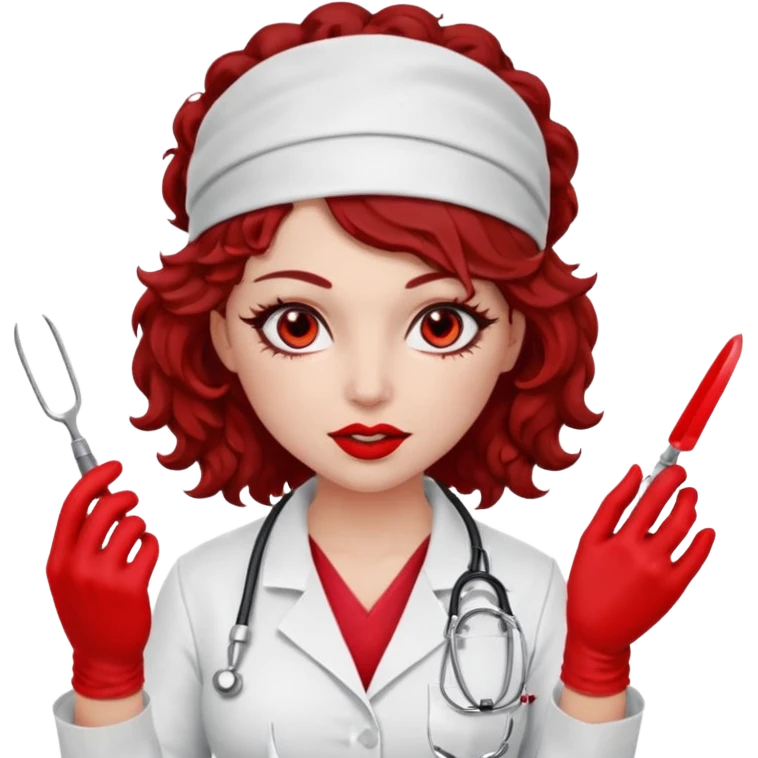 Lilith scalpel in hand, evil surgeon sexy surgeon clothes.  She has red eyes. Dark brown curly hair. Wears sexy doctor outfit with red gloves.covers her mouth necknose with red bandana to hide  her identity. Hair is long and brown hair is free but bandana must cover her mouth emoji