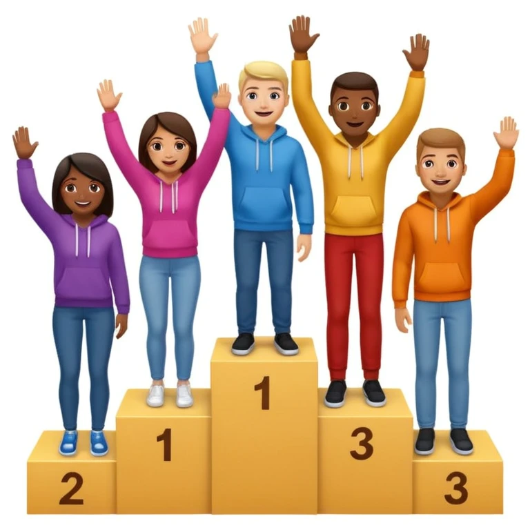 winners’ podium with multi-racial people, brown podium with middle step higher, no numbers, fun colorful clothes like jeans, t-shirts, and hoodies, one person high fiving, excited fun expressive emoji style emoji