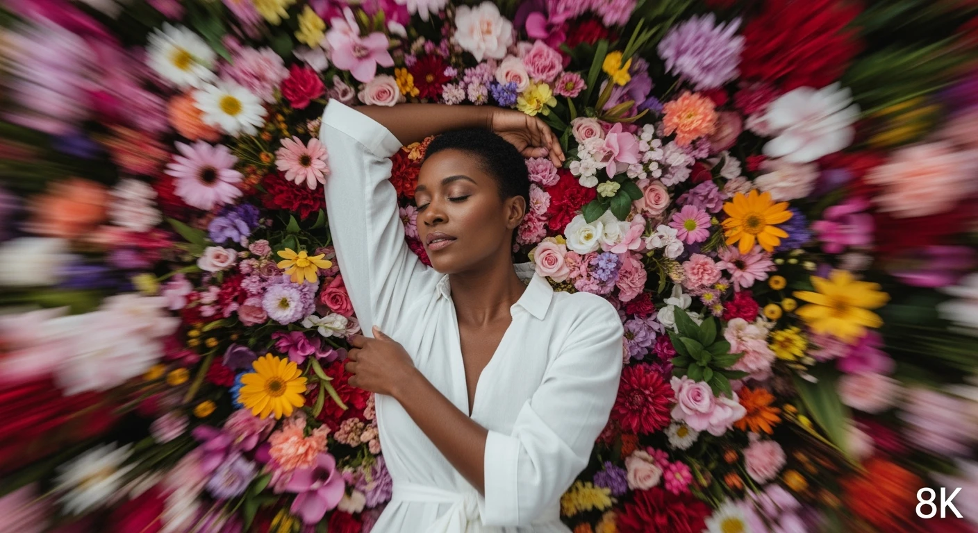 Camera drom top, Motion blur Extreme Closeup photo of a beautifull woman lay around beautifull colorfull flowers, cinematic light, 8K, very detailed, sharp, depth (foreground, midground, background) emoji