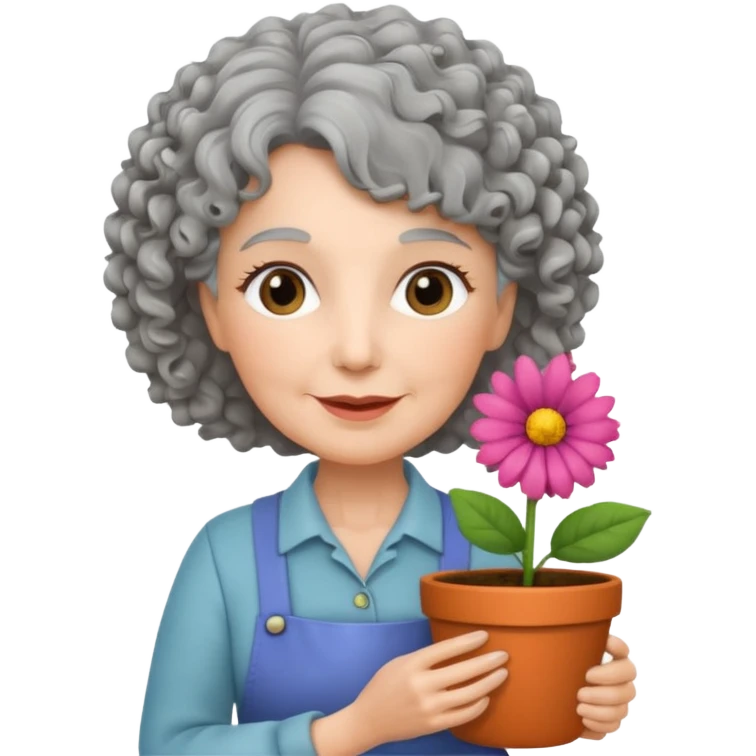 Older female florist – curly hair, hold flower pot emoji