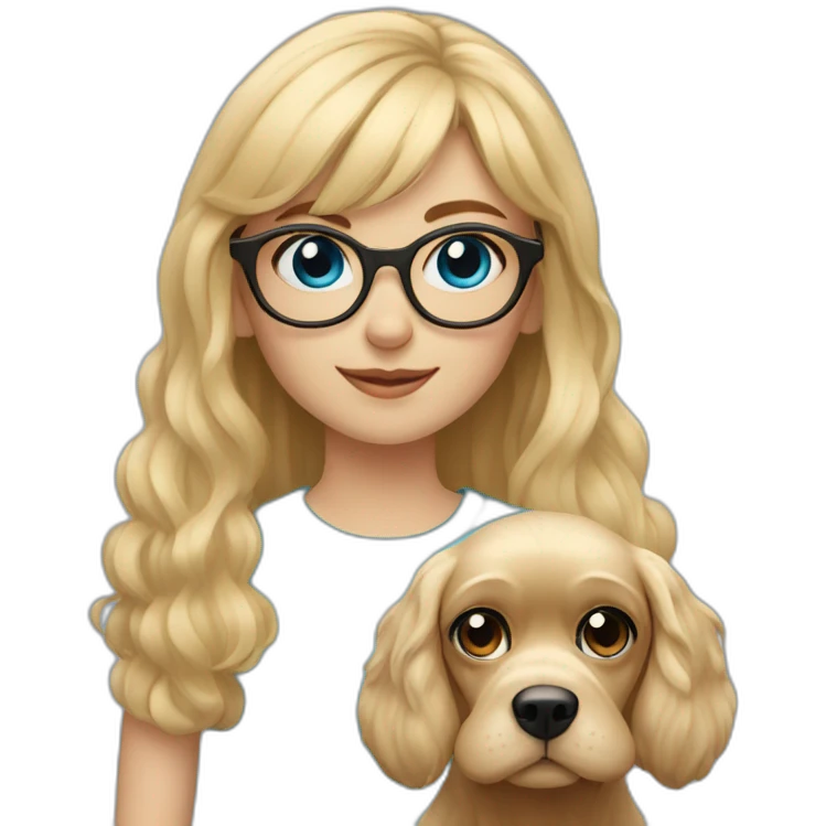 young blonde girl with blue eyes with bangs and glasses with her beige cocker spaniel emoji