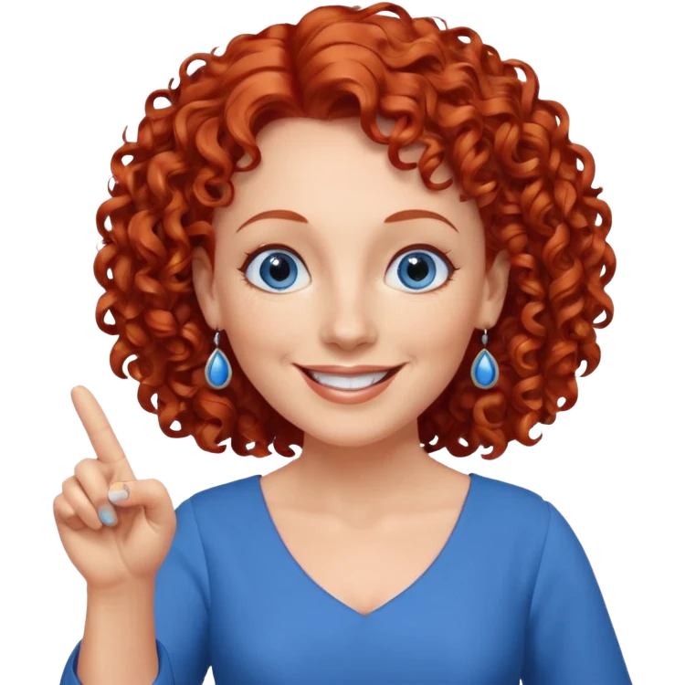 una profesora mayor simpática con el pelo rojo rizado, ojos azules, vestido azul y pendientes azules hablando sonriendo feliz indicando con un dedo emoji