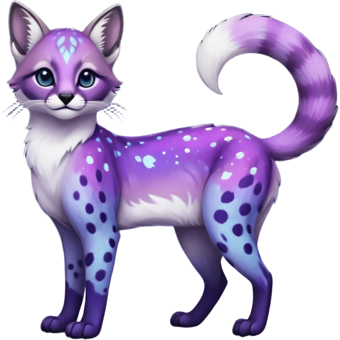 Colorful black-violet-indigo-purple-gradients nebulae nebula starry galactical shiny white-stars-spotted glorious iridescent divine exotic cute cool beautiful realistic antasy-caracal-civet-genet-sergal-vernid-Cacomistle-Trico-oncilla-animal-Fakémon-hybrid-fursona (full body) emoji