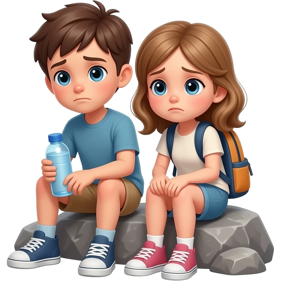 chico y chica cansados el chico castanyo i con pelo corto y la chica pelo suelto y un poco rubia pero castaño  y los dos tienen ojos azules son hermanos el chico con una cantimplora de agua i la chica con una mochila. estan depie i cansados. la chica sentada en una roca emoji
