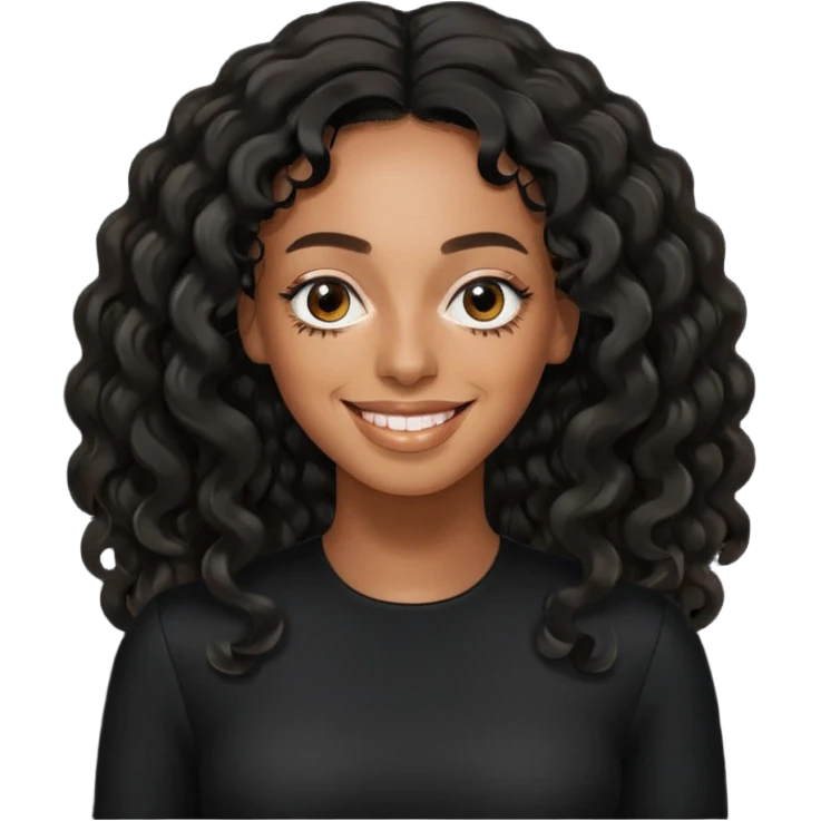 Solange with black long wavy hair, black outfit emoji