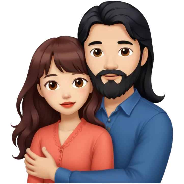 handsome asian man with long black hair and beard, hugging cute tan skin woman with long wavy reddish brown hair with bangs and coral lipstick emoji