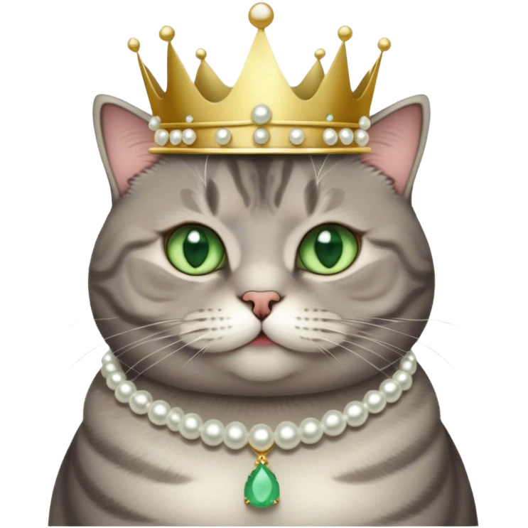 A cute, chubby, fluffy, cool grey tabby cat with green eyes, white tummy, a simple pearl necklace and crown emoji