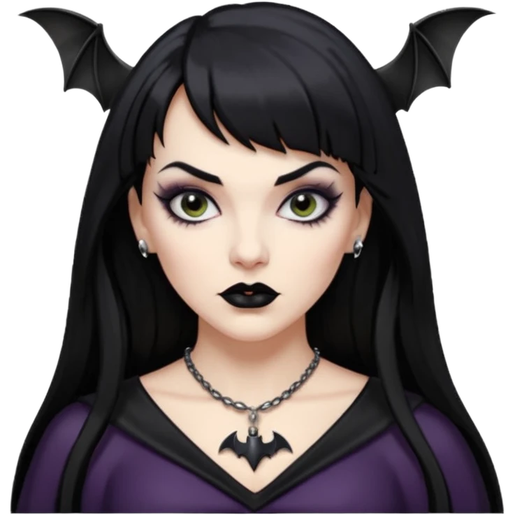 vampira mulher branca com cabelo preto longo com franja quadrada, sobrancelha grossa e lábios com batom preto com colar preto e pingente de morcego preto emoji