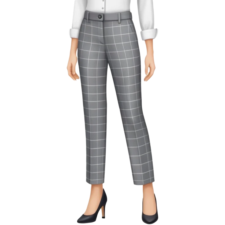 gray dress pants with white grid pattern, plaid check pattern, formal tailored trousers with cuffed hem, for petite women, isolated garment only, no model emoji