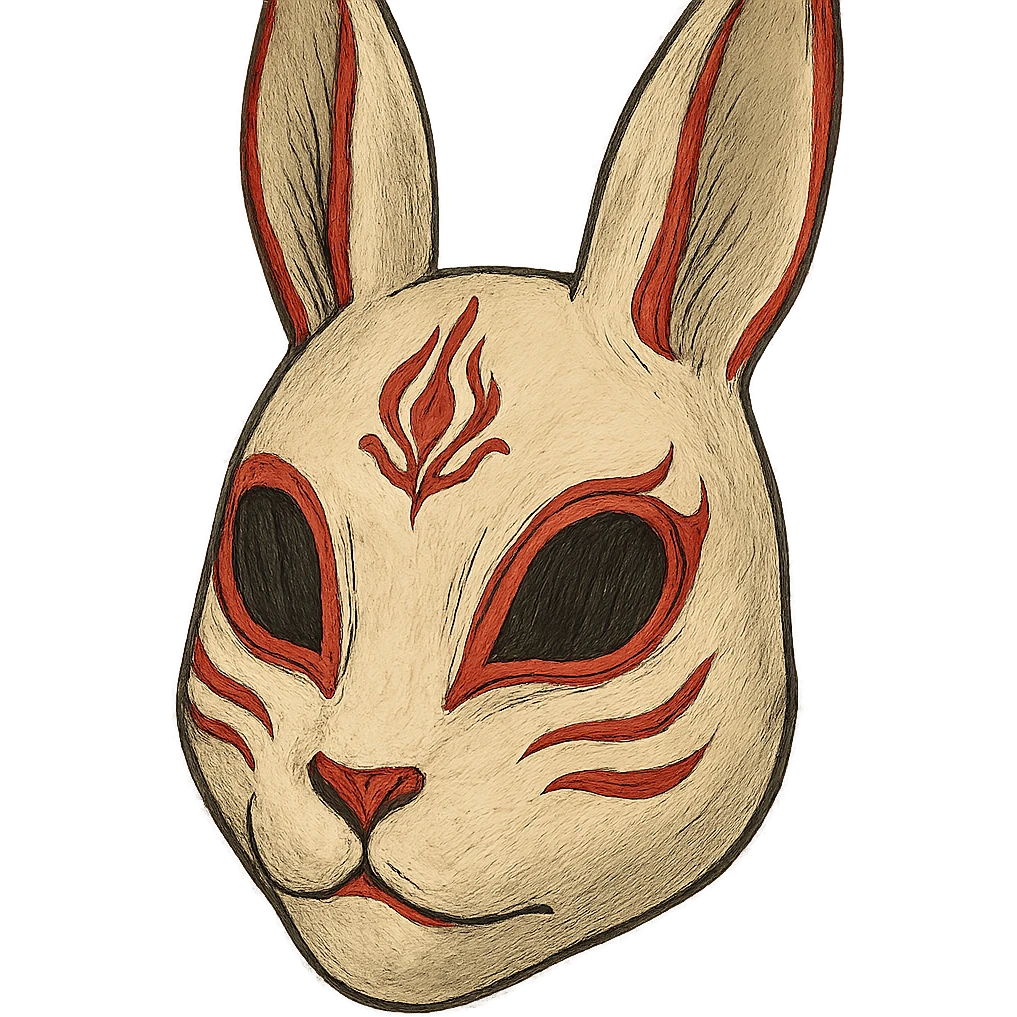 ghibli style evil white rabbit mask with red accents, intricate details emoji