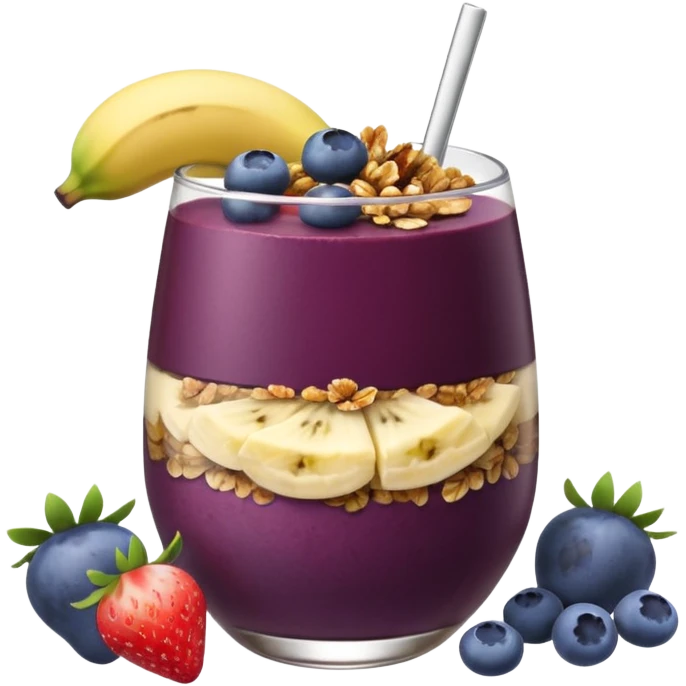 Vaso con açai, que lleve granola plátano arándanos y frutillas emoji