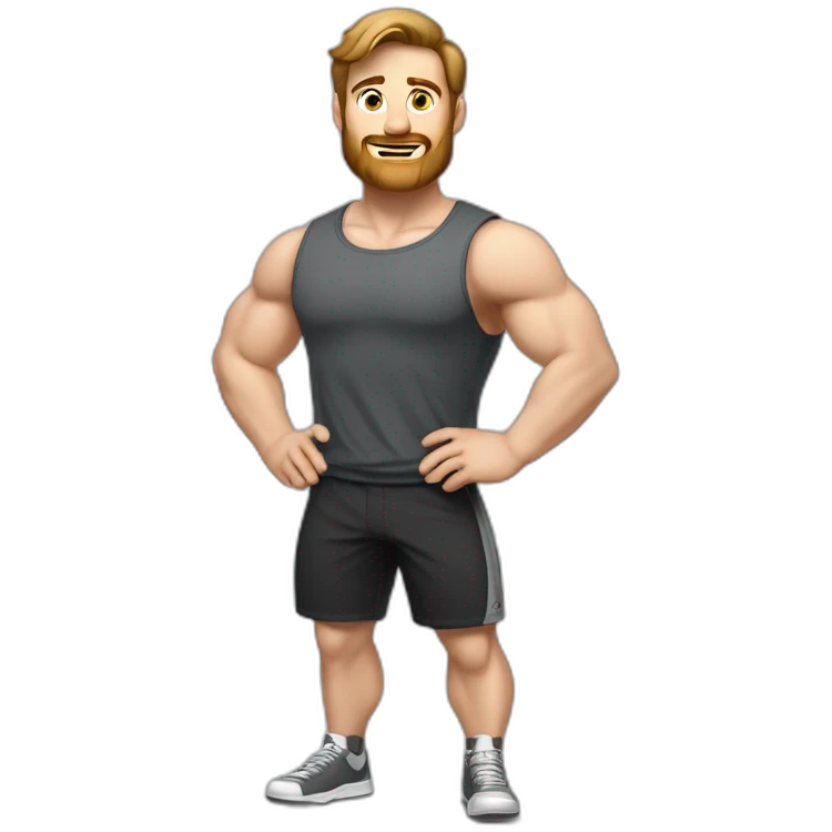 Full height Actively gesturing with hands Pale skinned Fit Man With the biceps and brown hair in dark gray Sleeveless Mike, black oversize sports shorts, watch and white Sneakers emoji