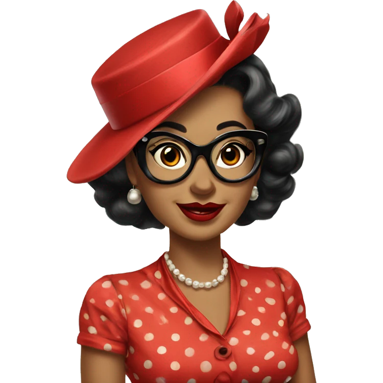 Vintage woman who wears classic pinup red dresses  with black polka dots and big cat eye glasses  emoji