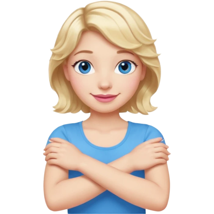 Girl Blonde short wavy hair,  blue eyes, cute blue top, long lashes, pink lips, smiling, making cross arms with arms  emoji