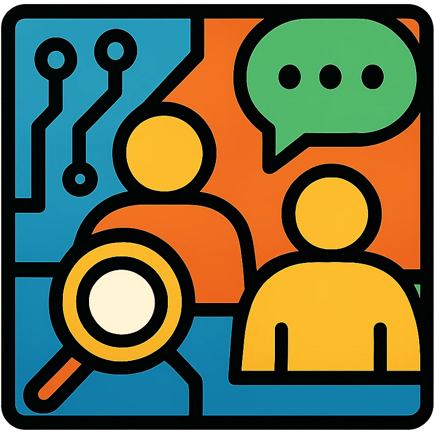 vibrant dynamic square logo for founders' study event, abstract forms representing technology, research, and group discussion, no text, eye-catching emoji