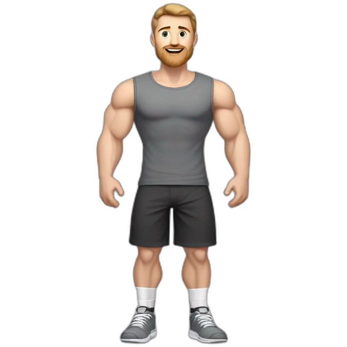 Full height Pale skinned muscular man With Realistic eyes and mouth, light brown hair and stubble In dark gray sleeveless mike, black oversize sports shorts, watch and white sneakers. emoji