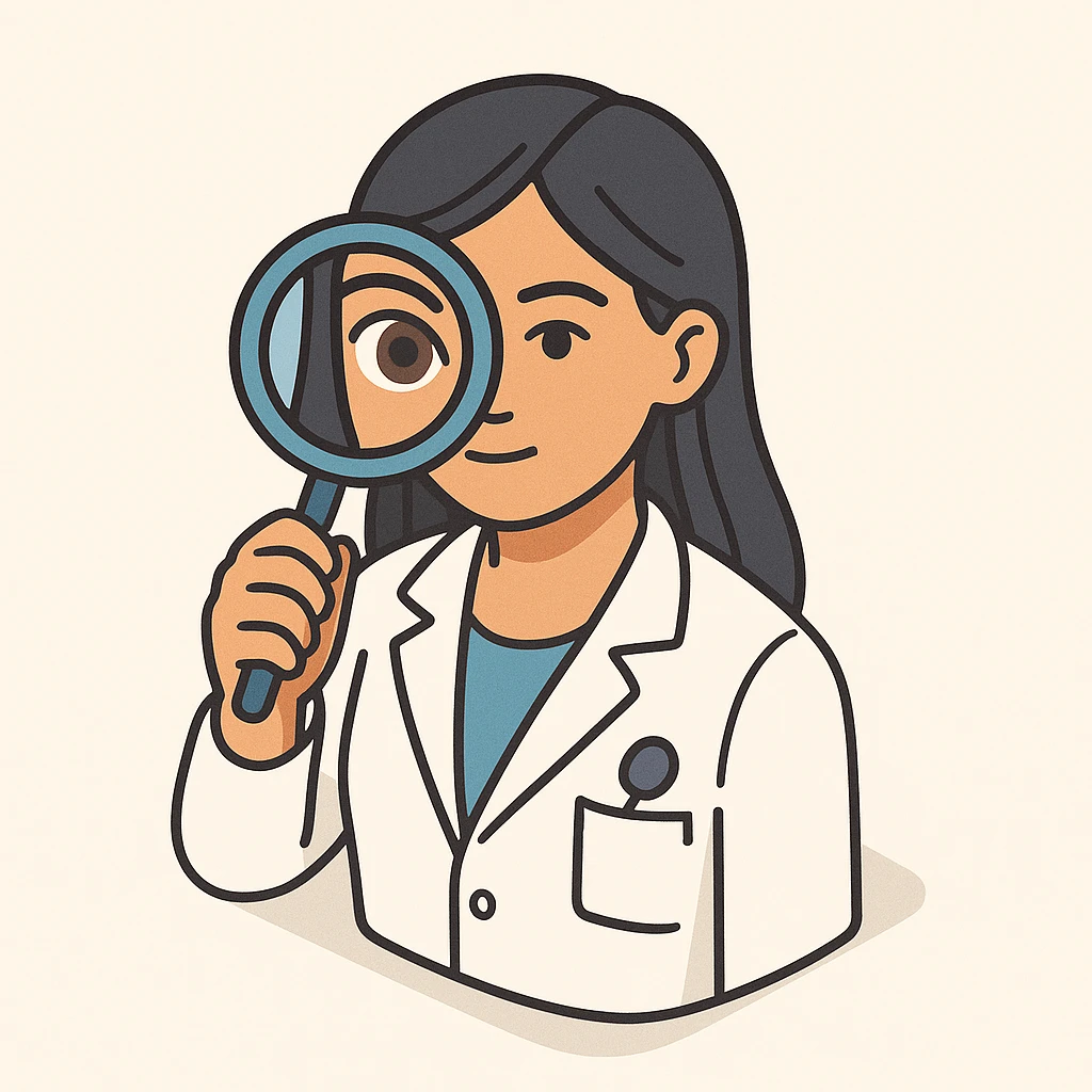 front view of a female doctor with dark long straight hair, detailed brown eyes (not dots), wearing a white coat, looking straight at the camera through a magnifying glass, one eye enlarged and distorted like a fisheye lens, minimalist background, 2D isometric style emoji