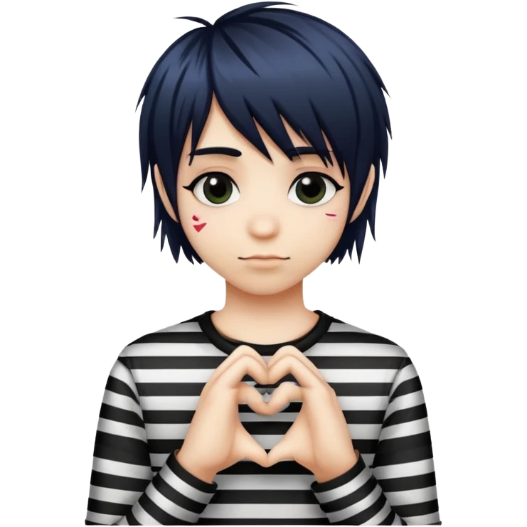 emo rockstar with side-swept bangs, striped shirt, making a heart with hands emoji