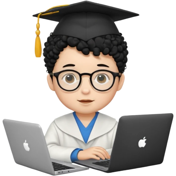 A baby boy DEVELOPER WITH A laptop, black curly hair and topknot, wearing glasses and a mortarboard emoji