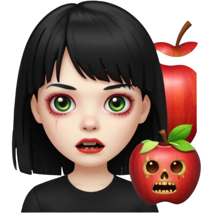 uma garota zumbi no formato Memoji da apple com o cabelo cumprido, preto liso e com franja, blusa preta emoji