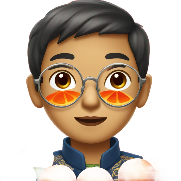 portrait of a cute Filipino boy with mandarin oranges for chinese new year plus round metal frame specs and red chinese ampao emoji