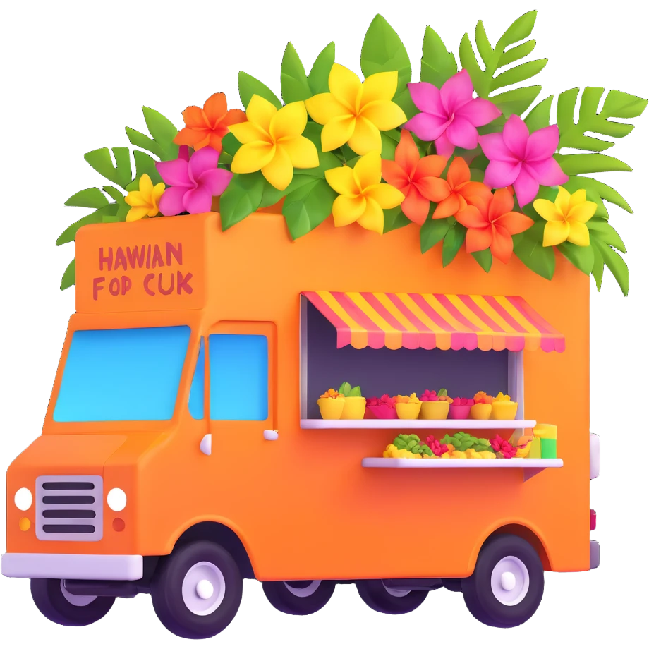 Hawaiian food truck with bright colors and tropical flowers emoji