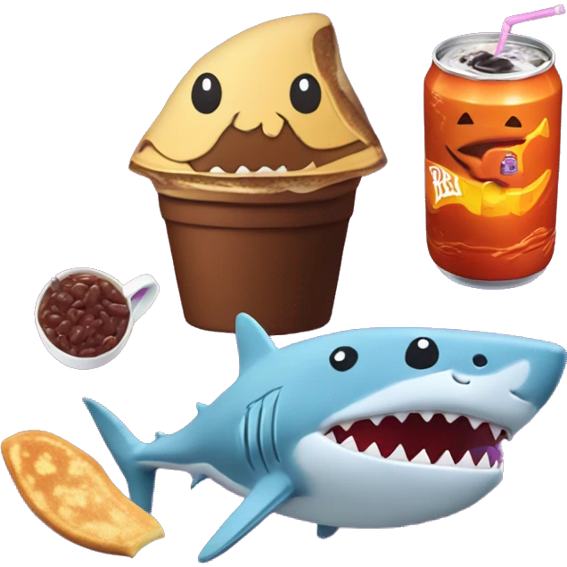 Jumbo scary pancake hallowen dark red bean with happy smile and shark with he baby and drink fanta in cup and mentos emoji
