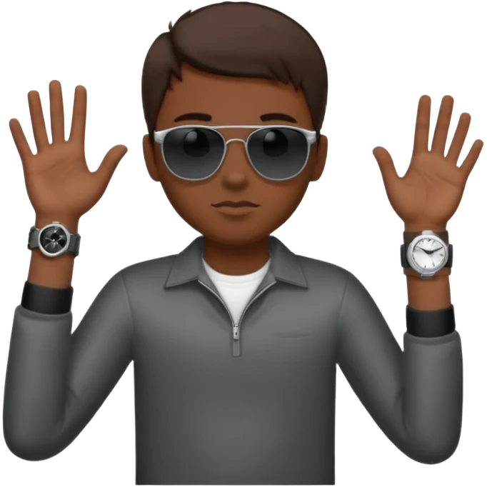 Un niño con pelo lacio color castaño,con lentes de sol negros y un reloj en la muñeca emoji