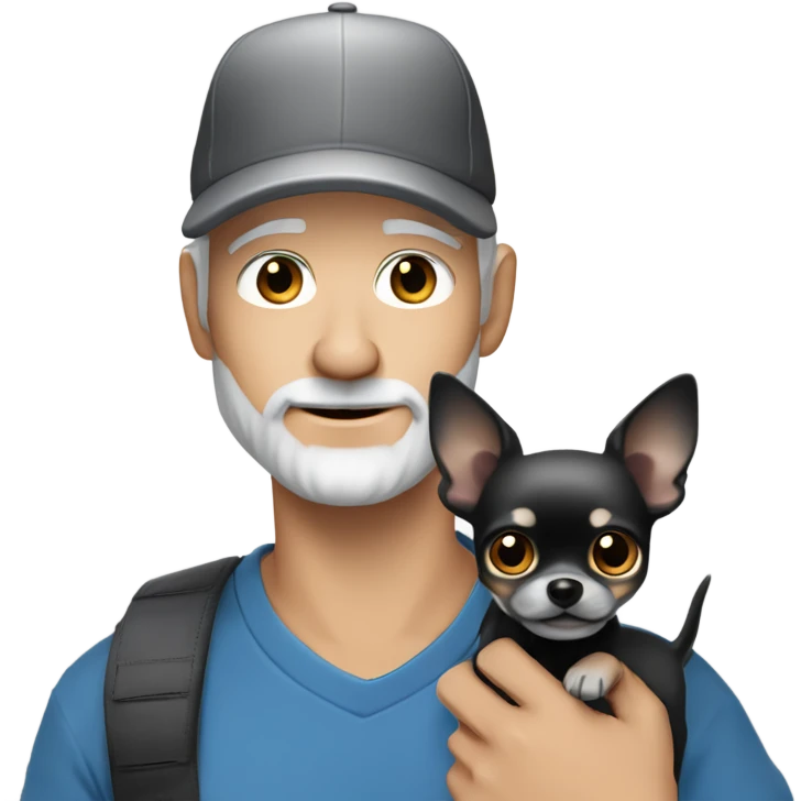 Handsome blue eyed man, with grey hair,  and grey goatee beard, wearing ball cap, holding a black long hair chihuahua  emoji