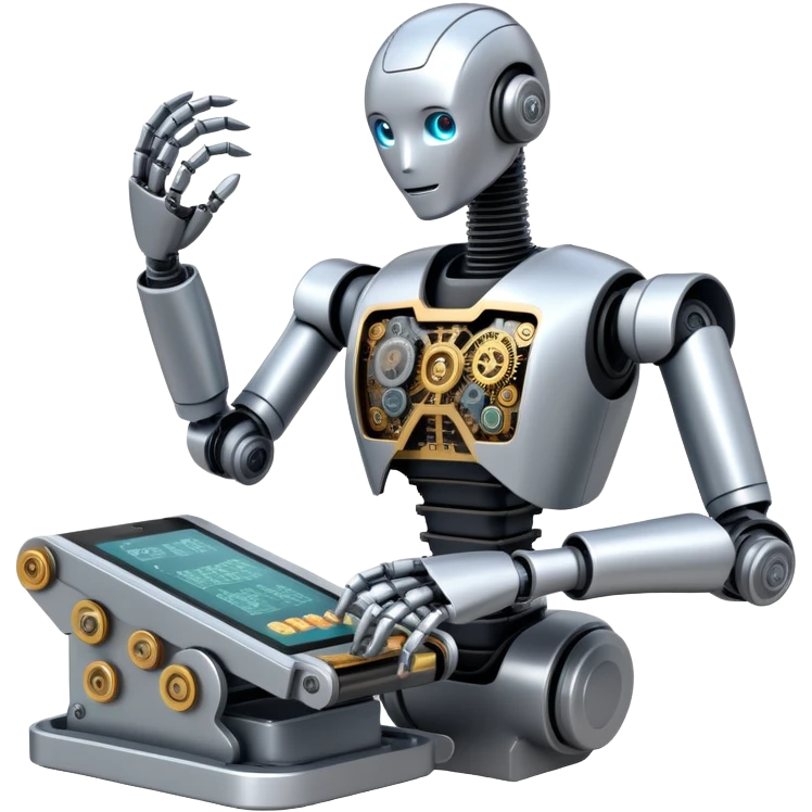 An icon featuring a humanoid robot assembling parts with mechanical arms, a circuit board in its chest, and a conveyor belt in the background. The design includes gears, sensors, and a robotic claw, symbolizing robotics innovation and automation. Transparent background emoji