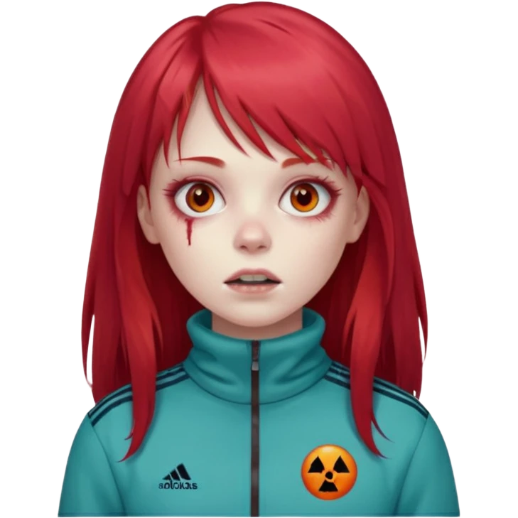 Crie um emoji de uma menina com bochecha gordinha com o cabelo vermelho longo com uma franja reta zumbi casaco de gola alta da adidas emoji