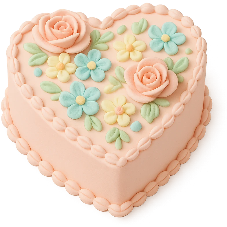heart-shaped fondant cake with piped pastel flowers emoji