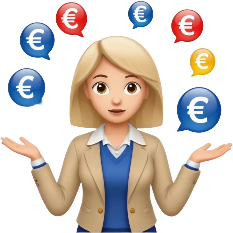 A confused female kindergardenteacher shrugging shoulders with euro symbols and documents floating around. emoji