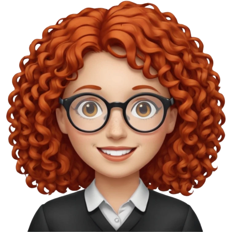 female teacher with curly red hair, round glasses, freckles, plump, cheerful emoji